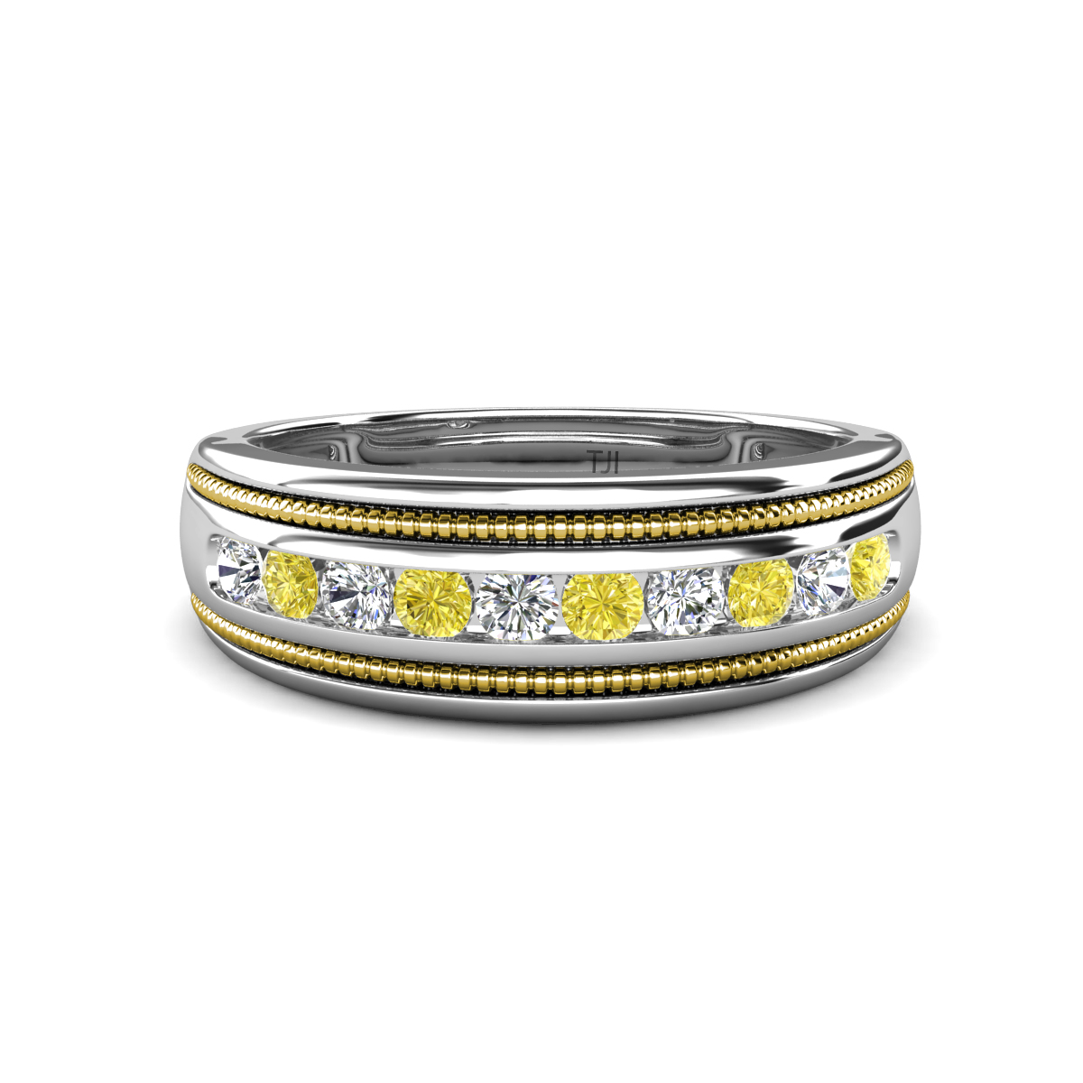 Zaid 0.53 ctw (2.40 mm) Round Lab Grown Diamond and Yellow Diamond Two Toned and High Polished Edges Men Wedding Band 