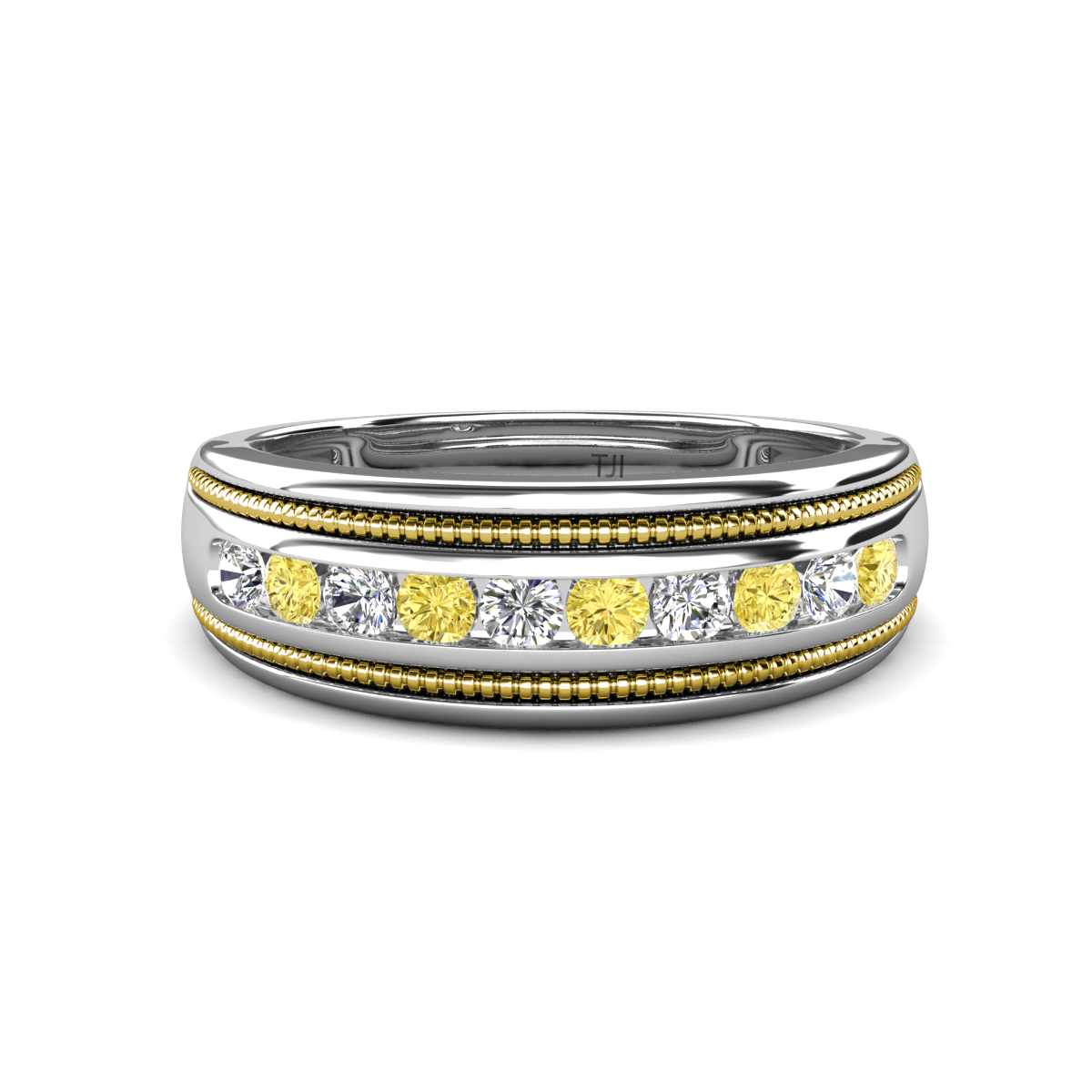 Zaid 0.55 ctw (2.40 mm) Round Lab Grown Diamond and Yellow Sapphire Two Toned and High Polished Edges Men Wedding Band 