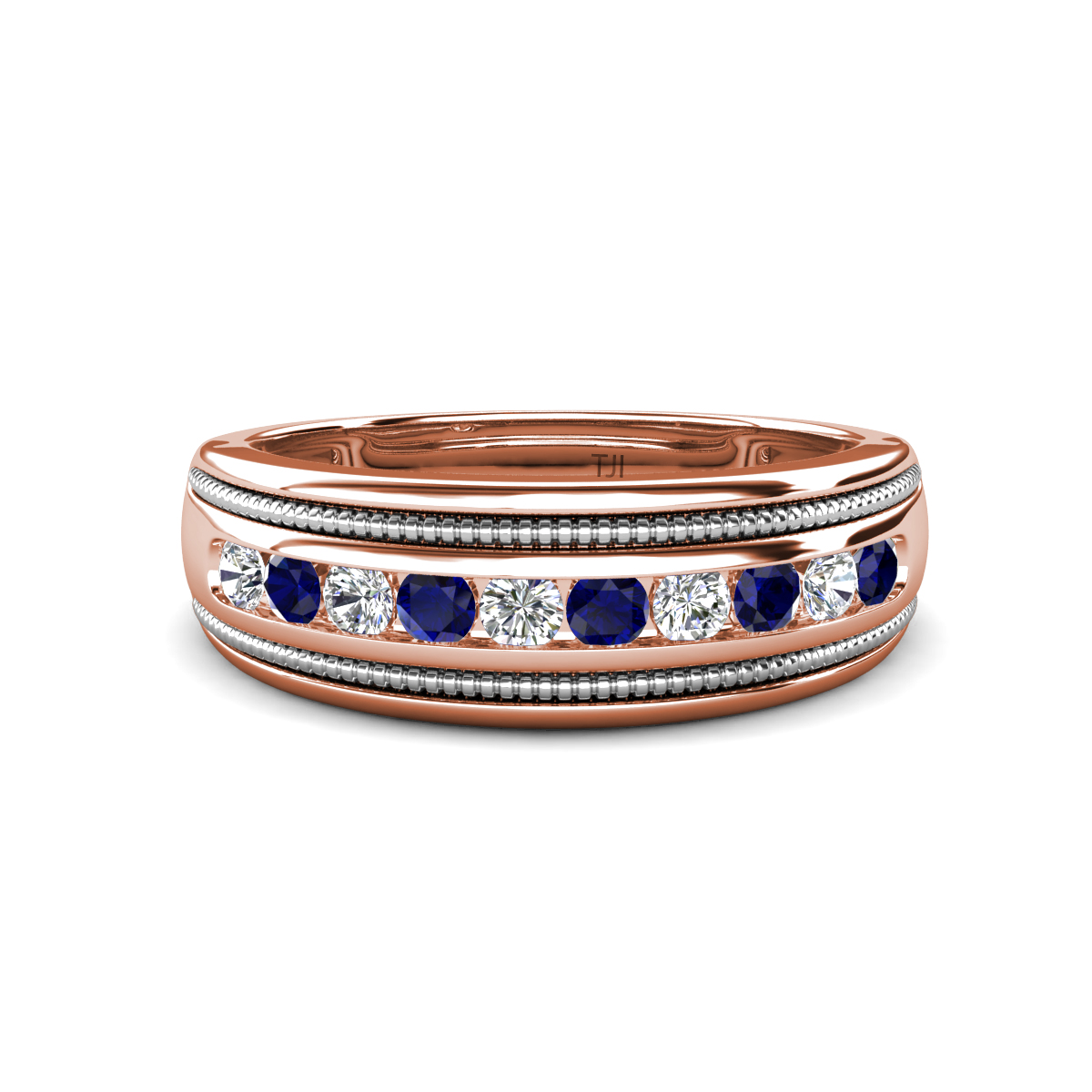 Zaid 0.55 ctw (2.40 mm) Round Lab Grown Diamond and Blue Sapphire Two Toned and High Polished Edges Men Wedding Band 