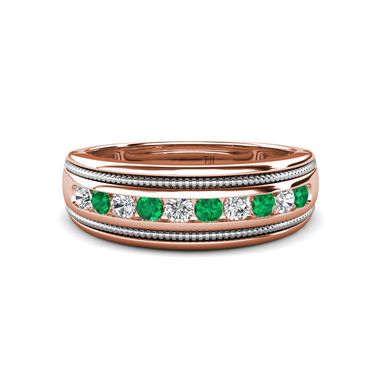 Zaid 0.45 ctw (2.40 mm) Round Lab Grown Diamond and Emerald Two Toned and High Polished Edges Men Wedding Band 