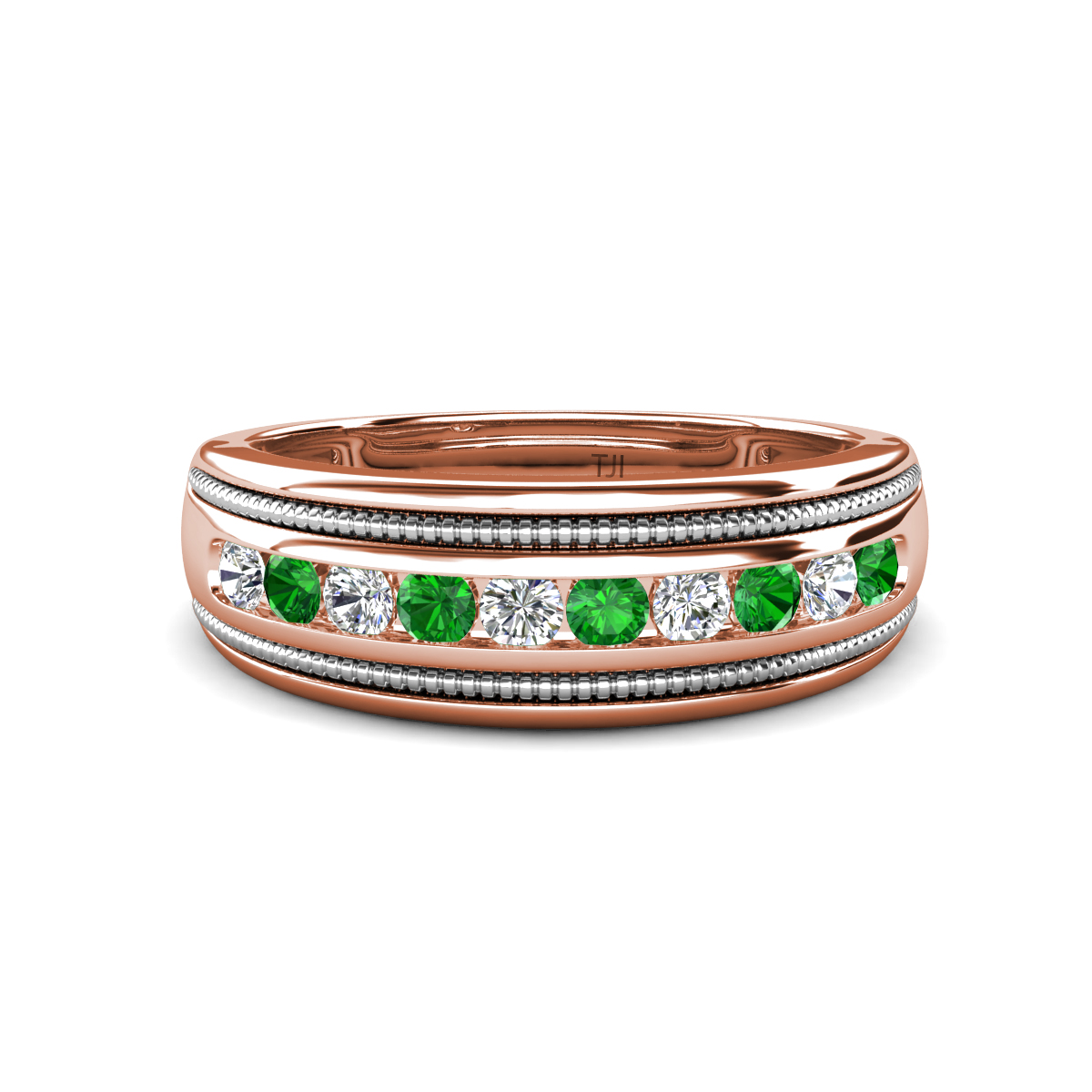 Zaid 0.59 ctw (2.40 mm) Round Lab Grown Diamond and Green Garnet Two Toned and High Polished Edges Men Wedding Band 
