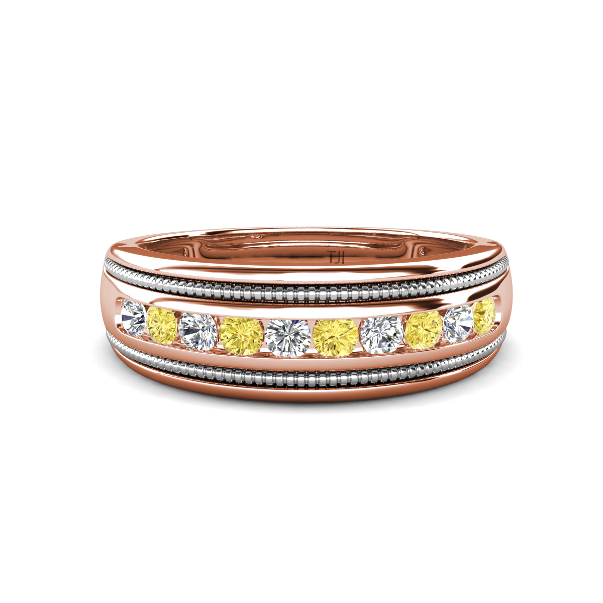 Zaid 0.55 ctw (2.40 mm) Round Lab Grown Diamond and Yellow Sapphire Two Toned and High Polished Edges Men Wedding Band 