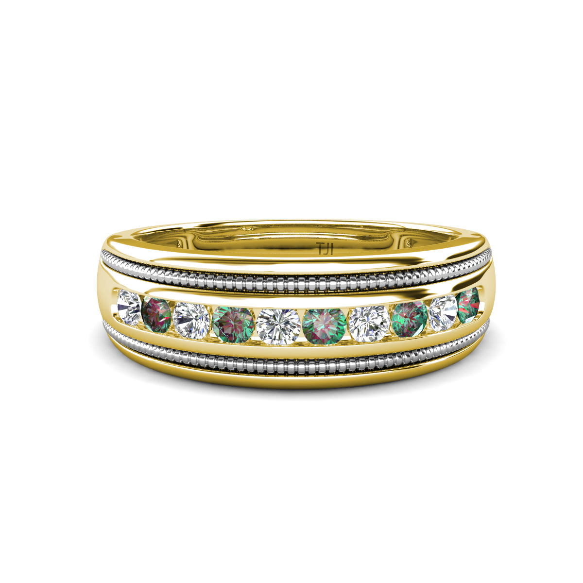 Zaid 0.59 ctw (2.40 mm) Round Lab Grown Diamond and Lab Created Alexandrite Two Toned and High Polished Edges Men Wedding Band 