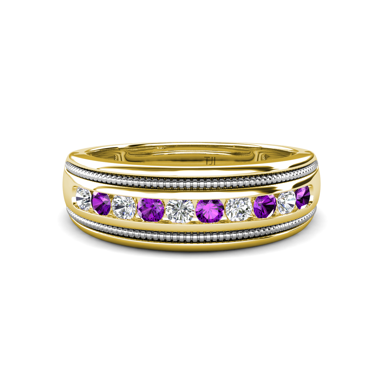 Zaid 0.58 ctw (2.40 mm) Round Lab Grown Diamond and Amethyst Two Toned and High Polished Edges Men Wedding Band 