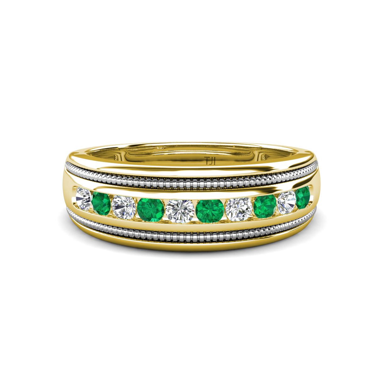 Zaid 0.45 ctw (2.40 mm) Round Lab Grown Diamond and Emerald Two Toned and High Polished Edges Men Wedding Band 