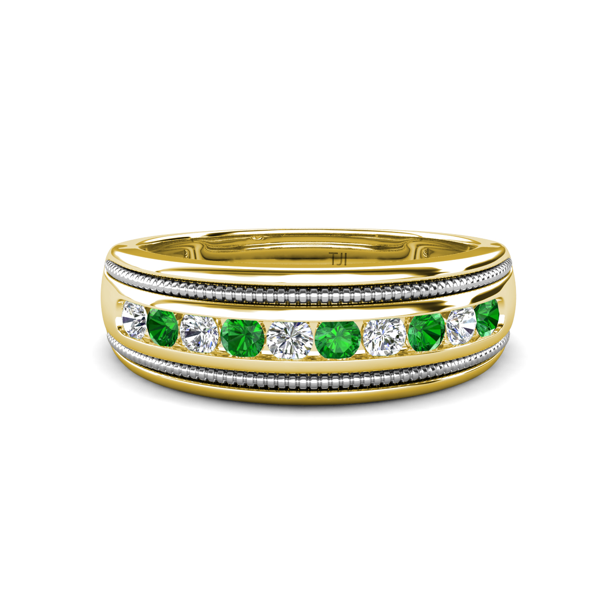 Zaid 0.59 ctw (2.40 mm) Round Lab Grown Diamond and Green Garnet Two Toned and High Polished Edges Men Wedding Band 