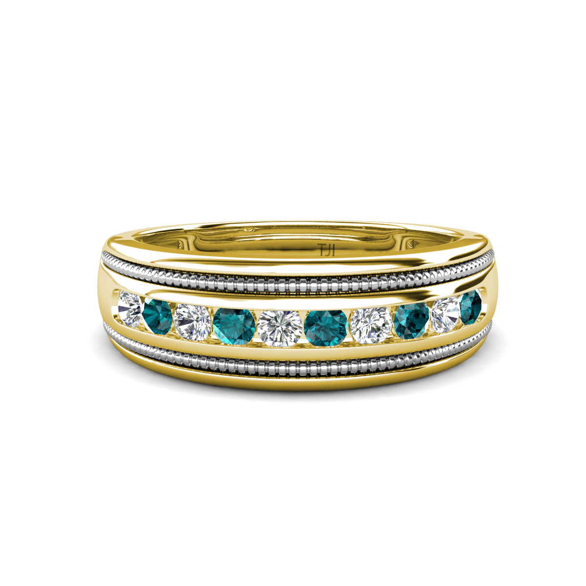 Zaid 0.53 ctw (2.40 mm) Round Lab Grown Diamond and London Blue Topaz Two Toned and High Polished Edges Men Wedding Band 