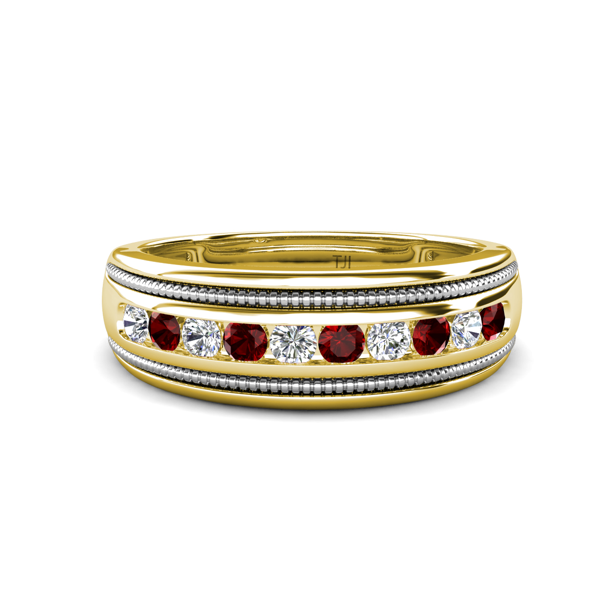 Zaid 0.59 ctw (2.40 mm) Round Lab Grown Diamond and Red Garnet Two Toned and High Polished Edges Men Wedding Band 