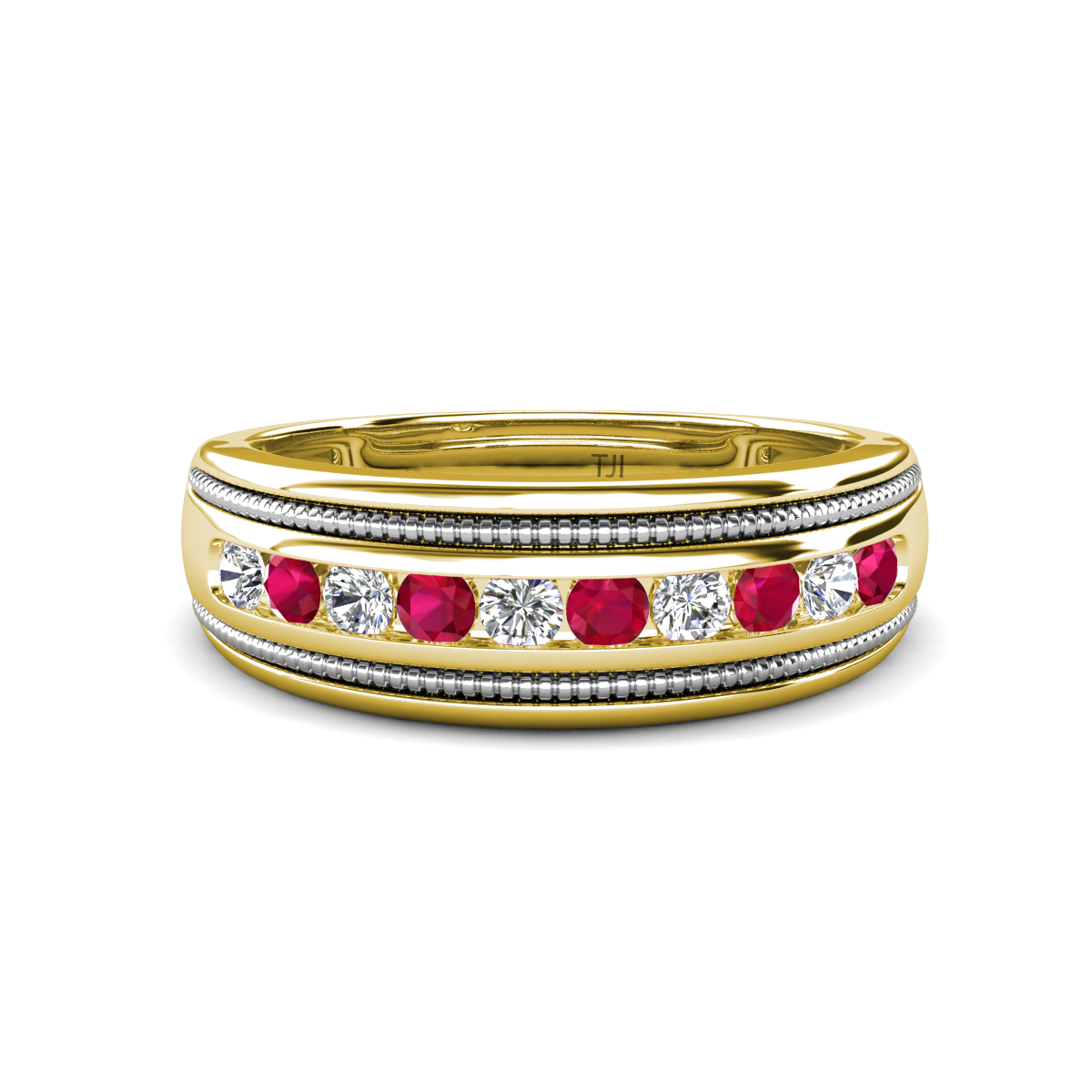 Zaid 0.55 ctw (2.40 mm) Round Lab Grown Diamond and Ruby Two Toned and High Polished Edges Men Wedding Band 