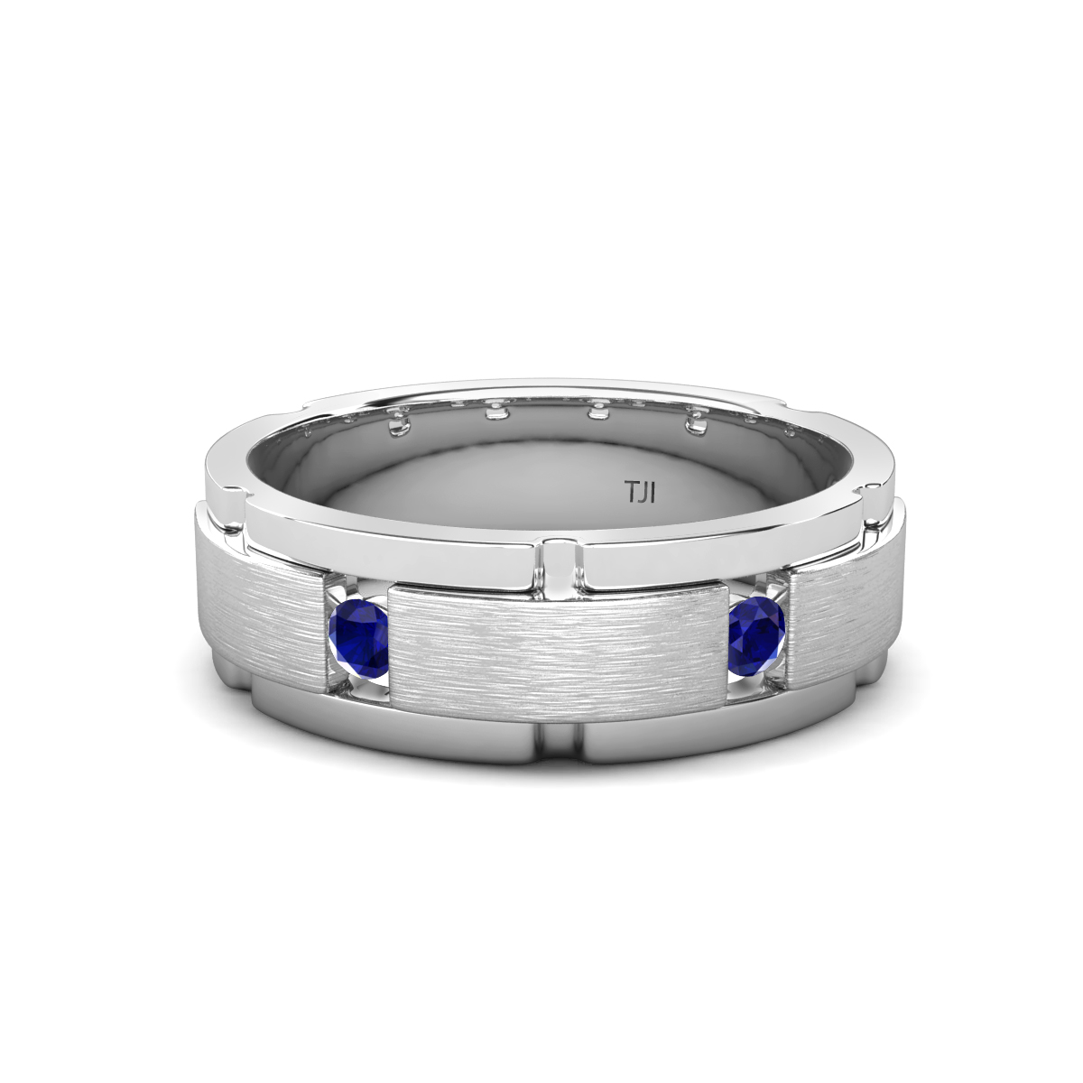 Laken 0.22 ctw Round Blue Sapphire Satin Finished Center and Polished Edges with Grooved Lines Men Wedding Band (7 mm) 