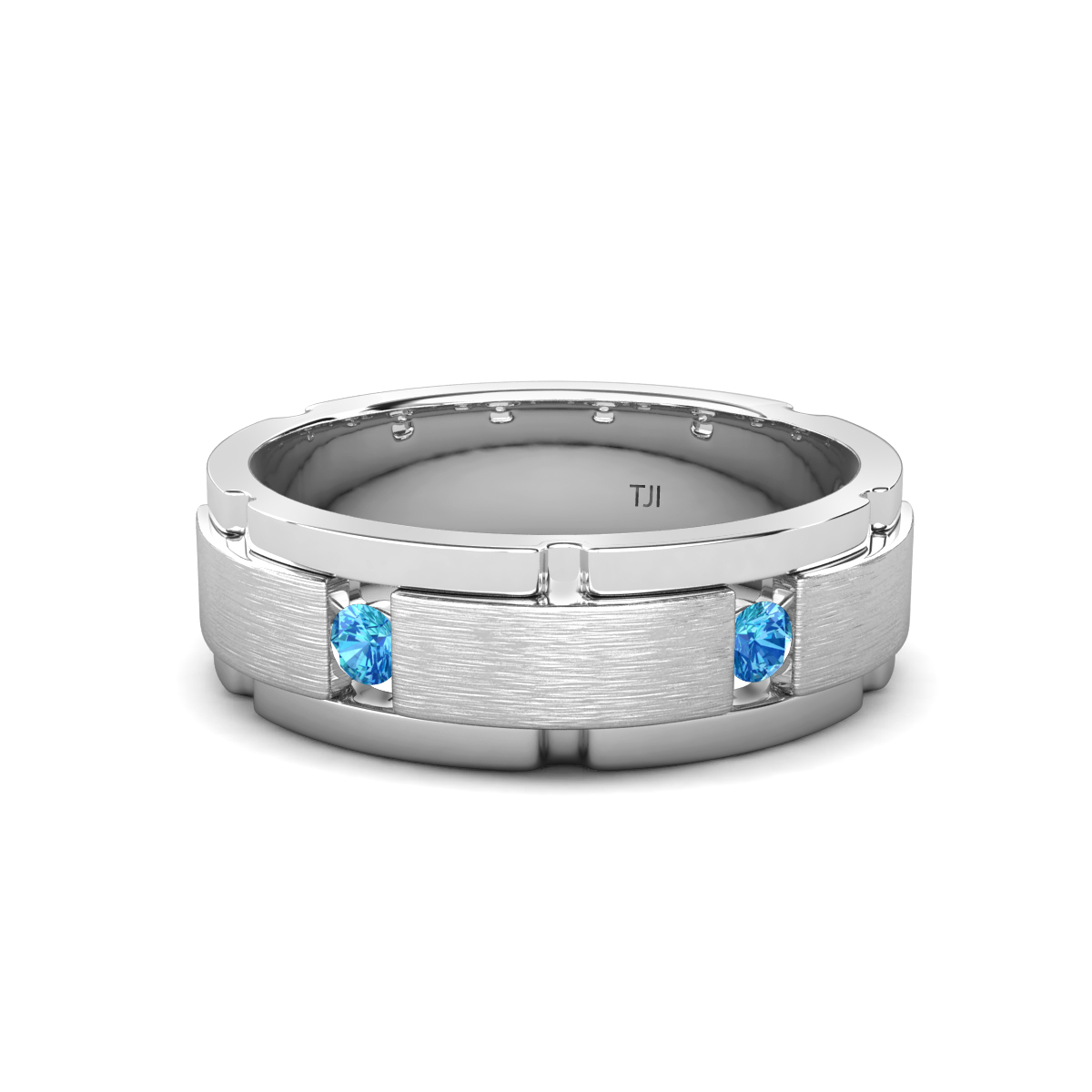 Laken 0.18 ctw Round Blue Topaz Satin Finished Center and Polished Edges with Grooved Lines Men Wedding Band (7 mm) 