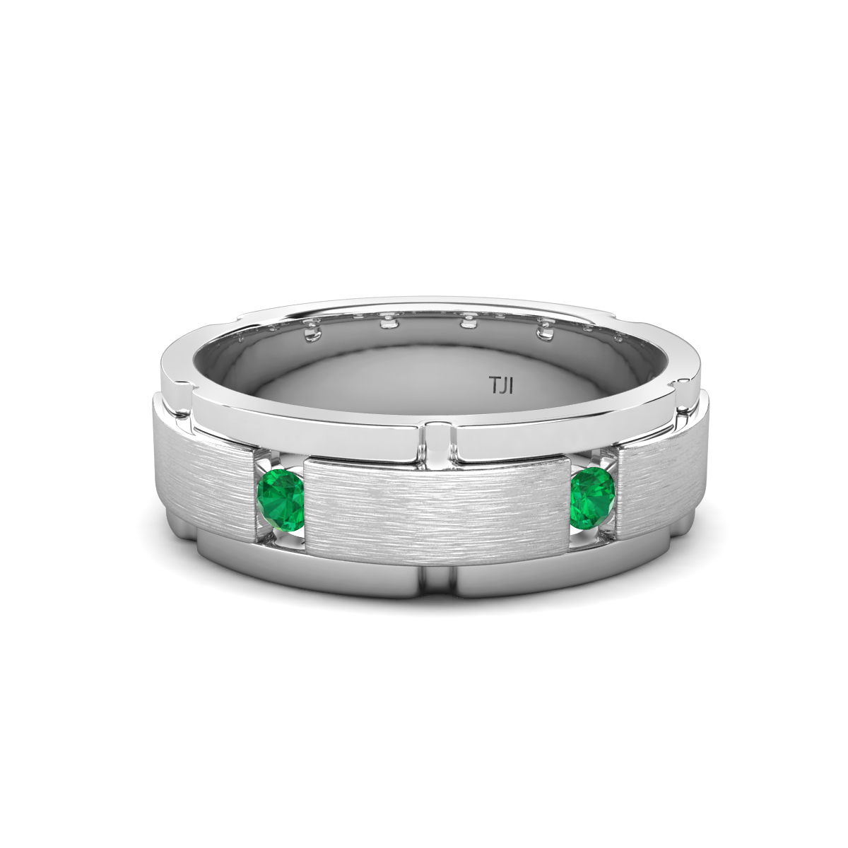 Laken 0.14 ctw Round Emerald Satin Finished Center and Polished Edges with Grooved Lines Men Wedding Band (7 mm) 