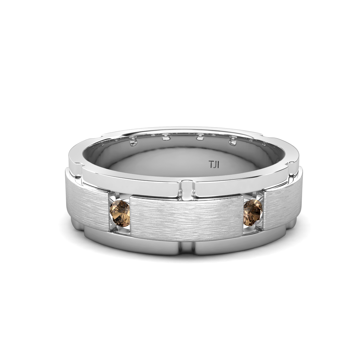 Laken 0.20 ctw Round Smoky Quartz Satin Finished Center and Polished Edges with Grooved Lines Men Wedding Band (7 mm) 