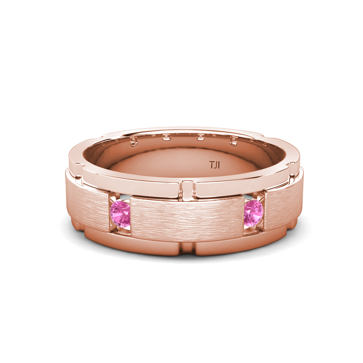 Laken 0.22 ctw Round Pink Sapphire Satin Finished Center and Polished Edges with Grooved Lines Men Wedding Band (7 mm) 