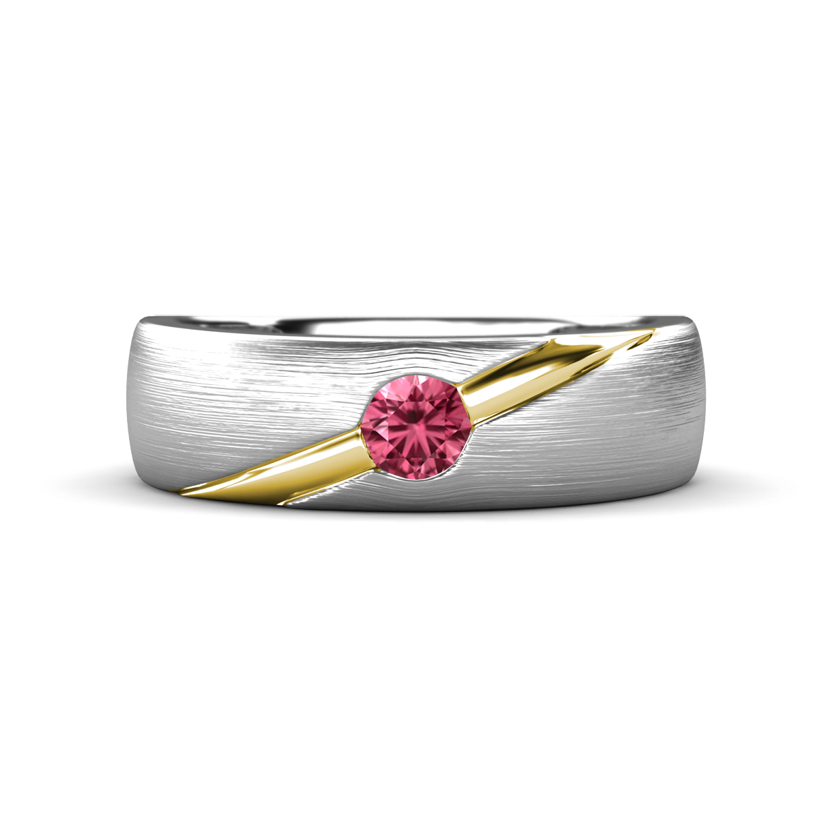 Ekon 1/7 ct Round Pink Tourmaline Brushed Satin Finish Solitaire Men Wedding Band (5 mm) 