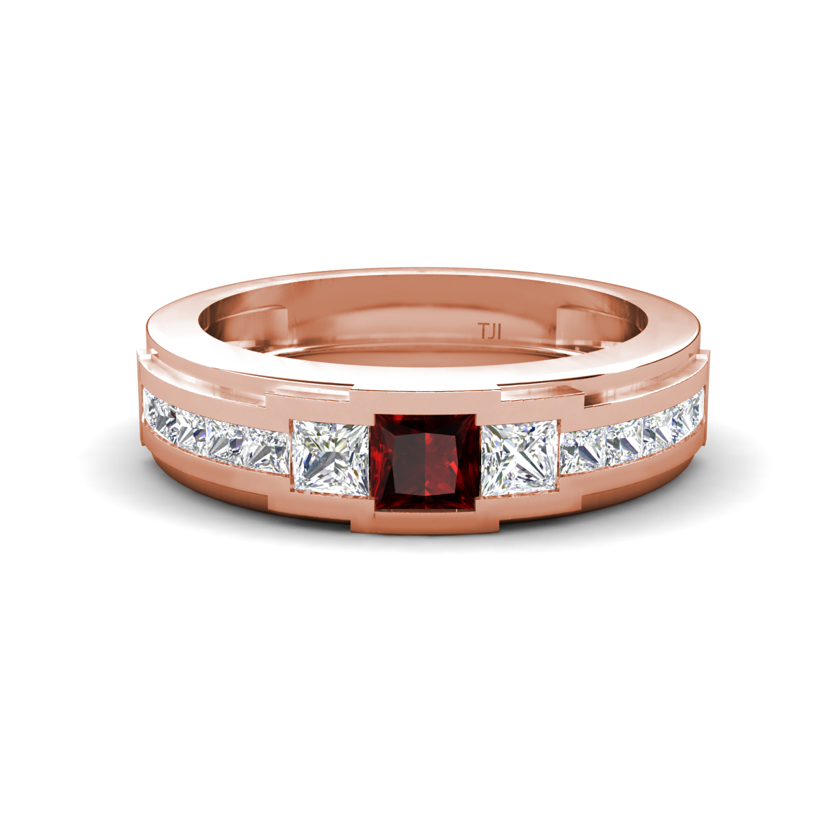 Jayden 1.24 ctw Princess shape Red Garnet accented Lab Grown Diamonds Men Wedding Band (5.20 mm) 
