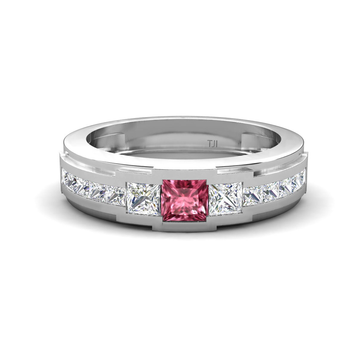 Jayden 1.21 ctw Princess shape Pink Tourmaline accented Lab Grown Diamonds Men Wedding Band (5.20 mm) 