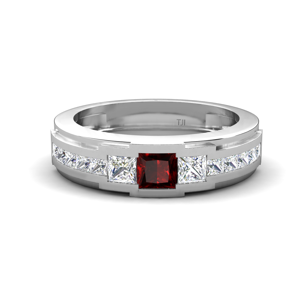 Jayden 1.24 ctw Princess shape Red Garnet accented Lab Grown Diamonds Men Wedding Band (5.20 mm) 