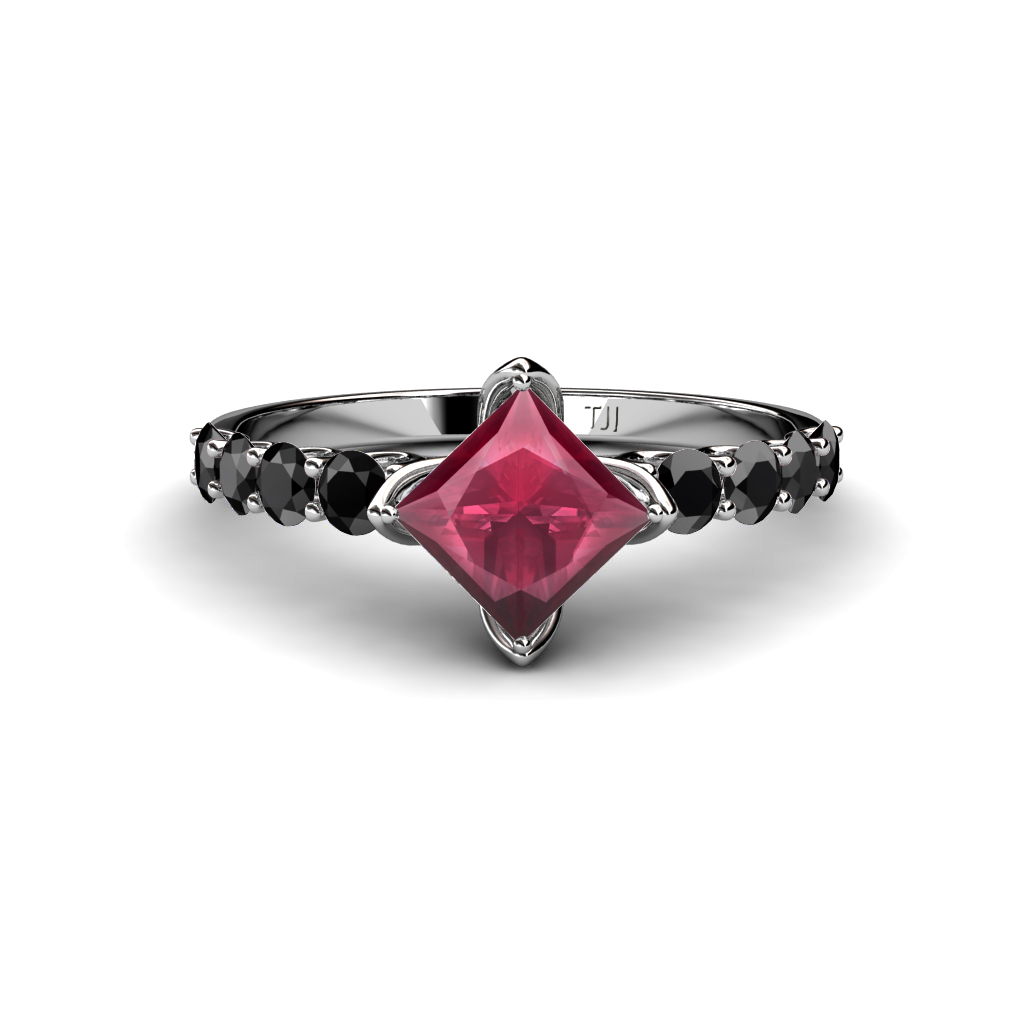 Alicia 1.80 ctw Princess Cut Rhodolite Garnet and Black Diamond Engagement Ring 
