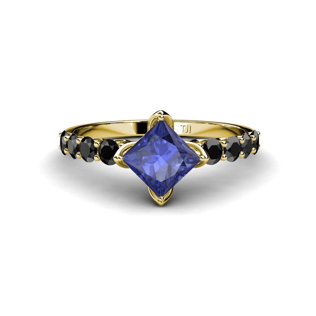 Alicia 1.55 ctw Square Cut Iolite and Black Diamond Engagement Ring 
