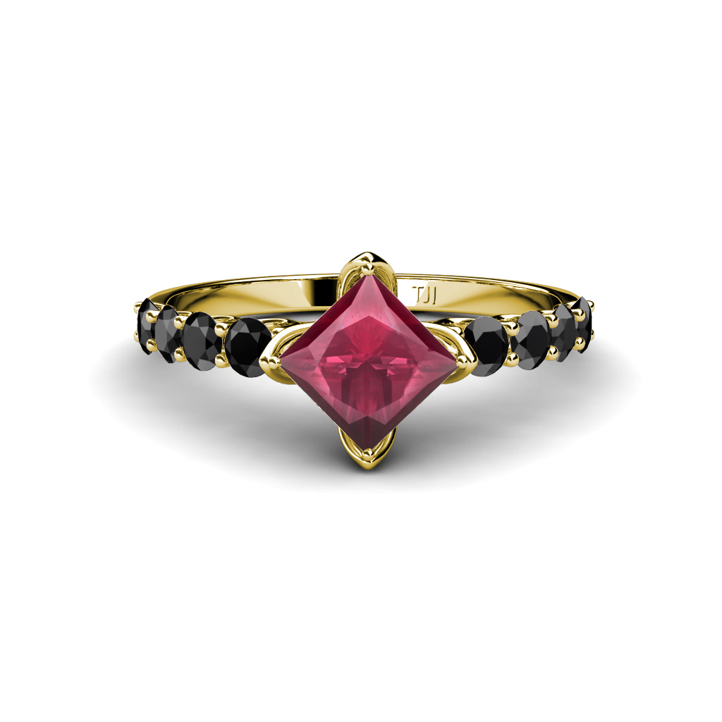 Alicia 1.80 ctw Princess Cut Rhodolite Garnet and Black Diamond Engagement Ring 