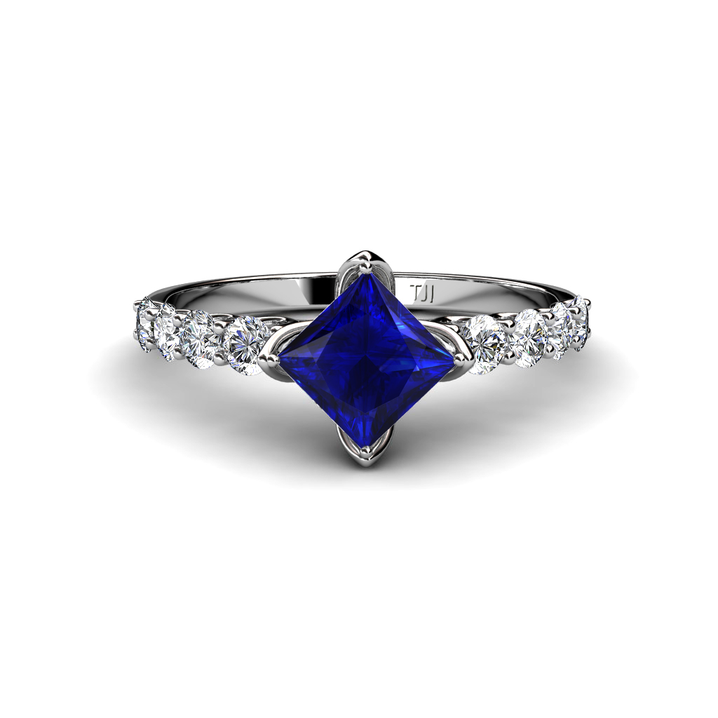 Alicia 1.96 ctw Diamond and Princess Cut Created Blue Sapphire Engagement Ring 