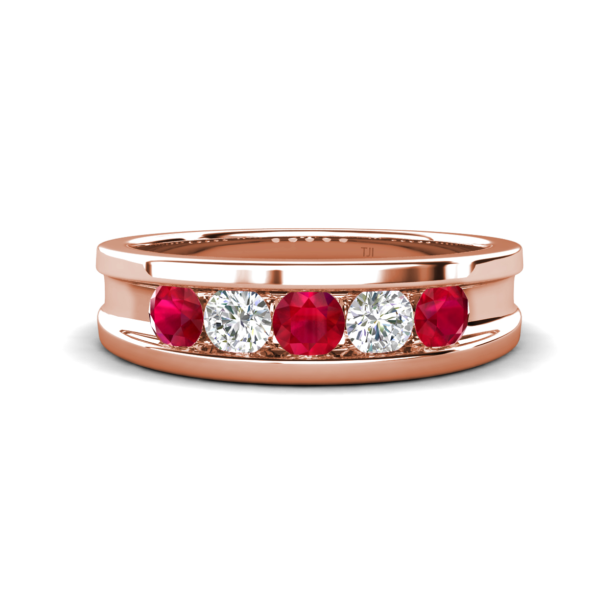 Aaron 0.47 ctw Natural Diamond & Ruby 5 Stone Unisex Wedding Band 