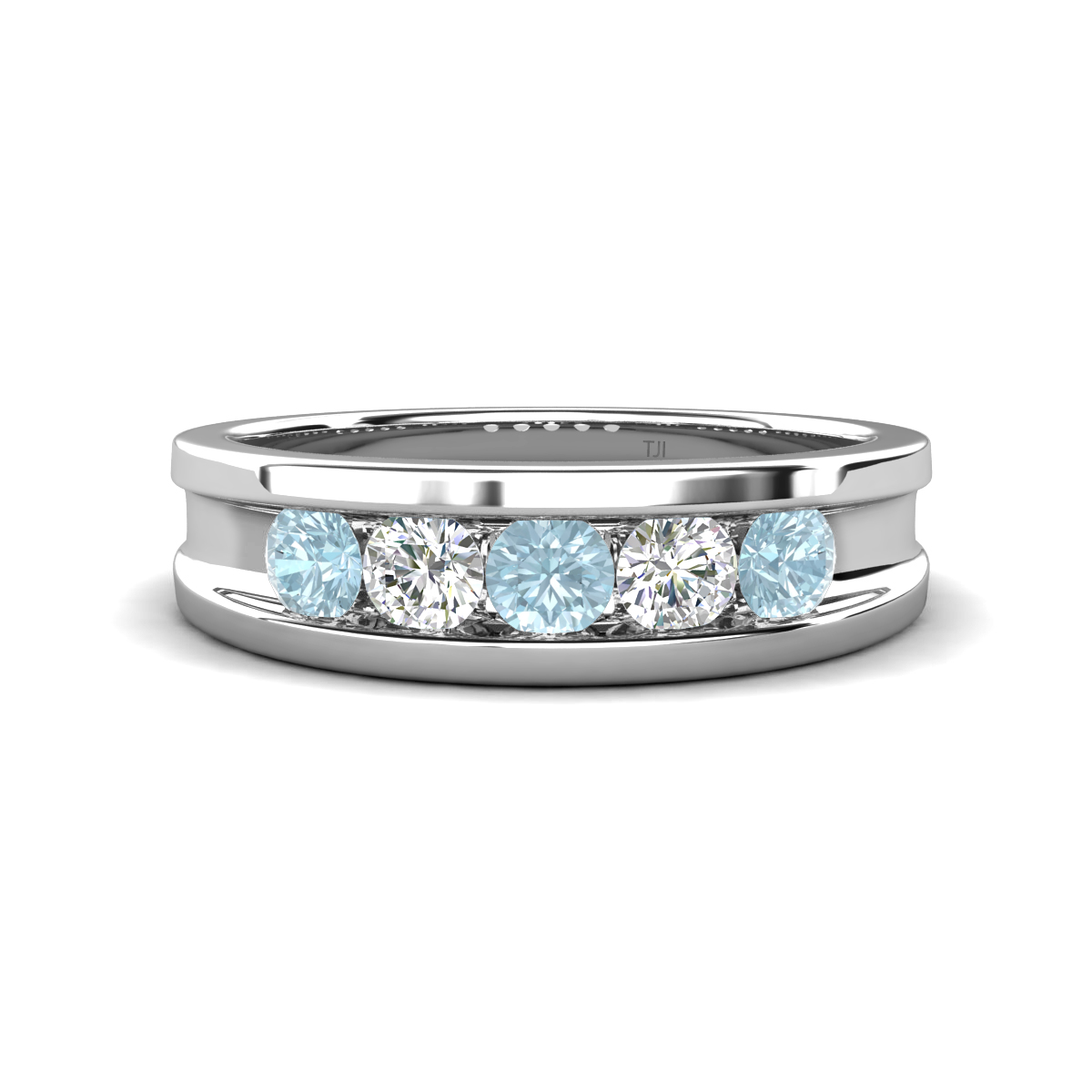 Aaron 0.45 ctw Natural Diamond & Aquamarine 5 Stone Unisex Wedding Band 