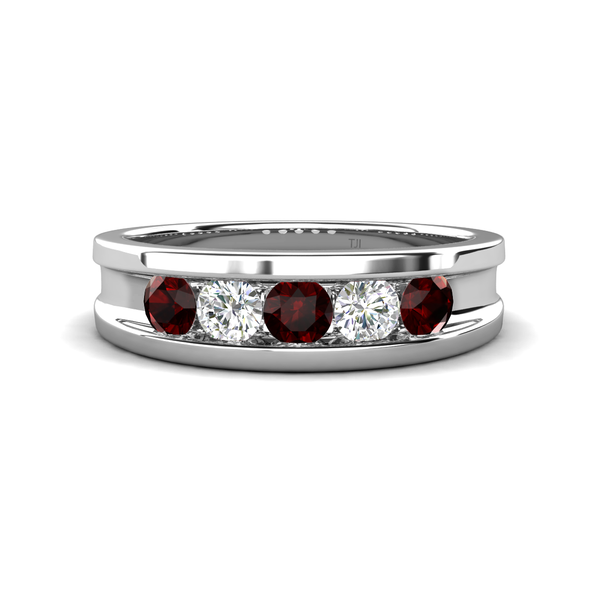 Aaron 0.54 ctw Natural Diamond & Red Garnet 5 Stone Unisex Wedding Band 