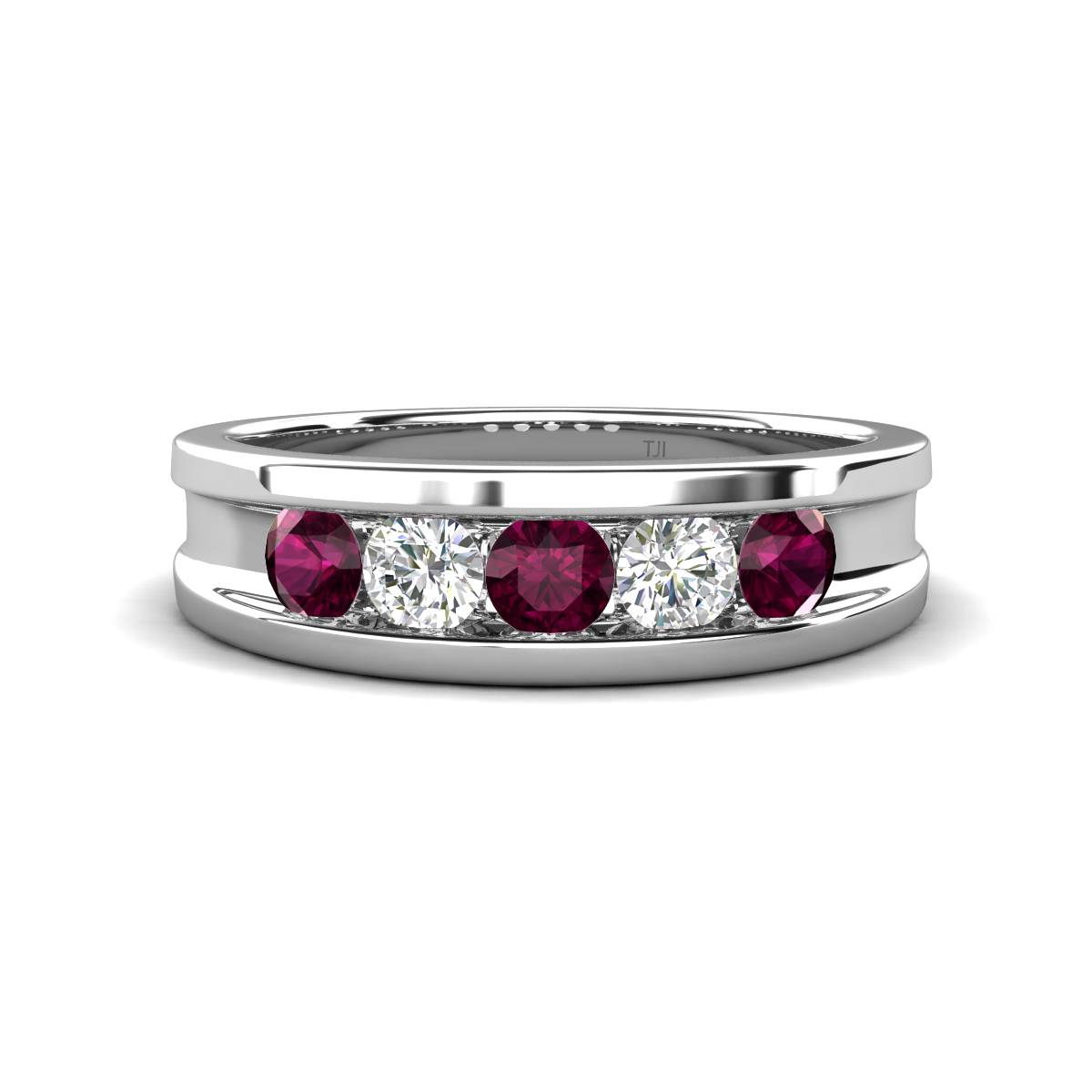 Aaron 0.54 ctw Natural Diamond & Rhodolite Garnet 5 Stone Unisex Wedding Band 