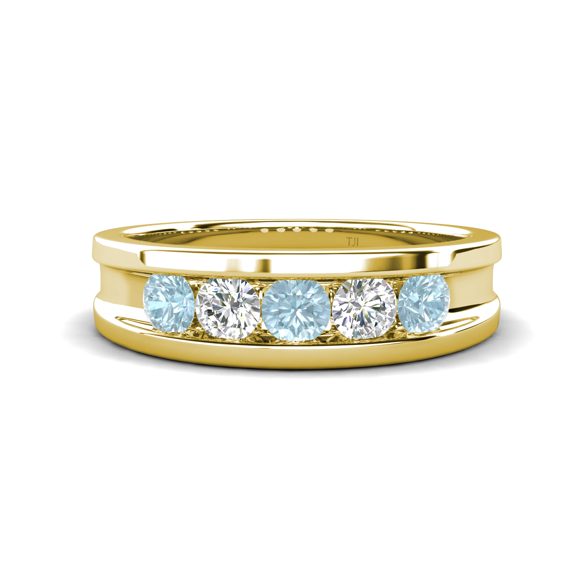 Aaron 0.45 ctw Natural Diamond & Aquamarine 5 Stone Unisex Wedding Band 