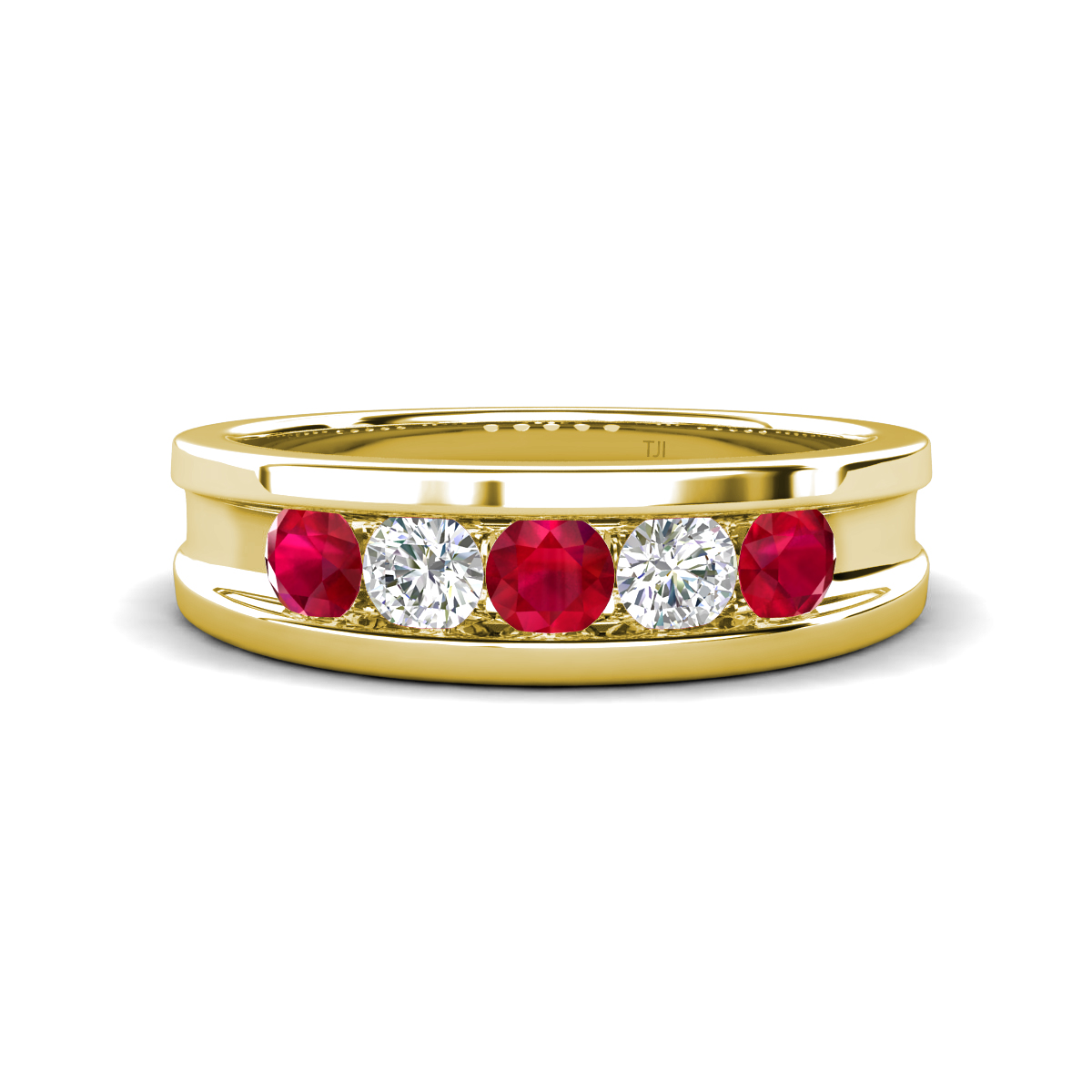 Aaron 0.47 ctw Natural Diamond & Ruby 5 Stone Unisex Wedding Band 