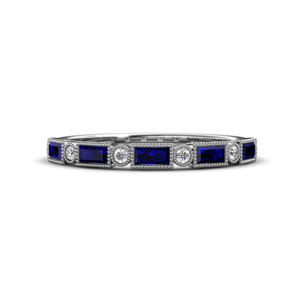 Kelli 1.02 ctw Baguette Shape Blue Sapphire and Round Natural Diamond Milgrain Wedding Band 