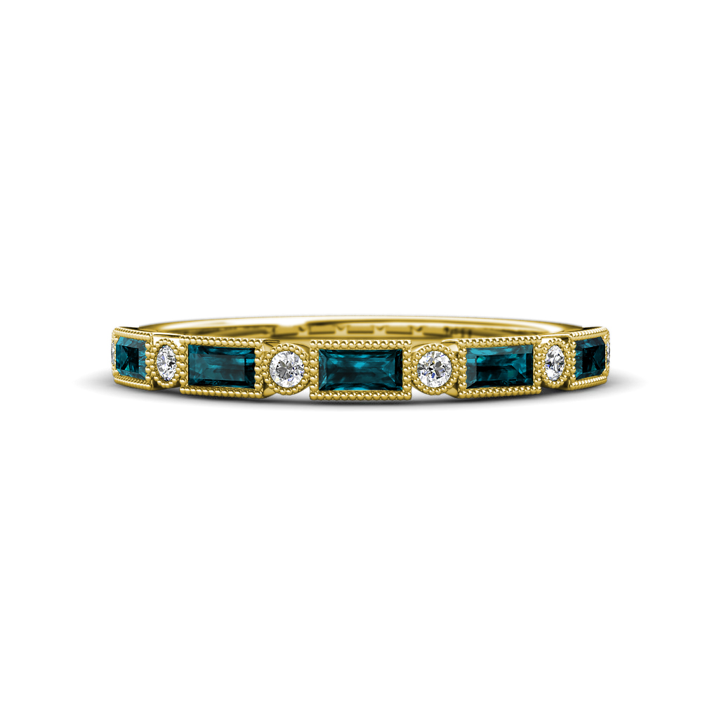 Kelli 0.82 ctw Baguette Shape London Blue Topaz and Round Natural Diamond Milgrain Wedding Band 