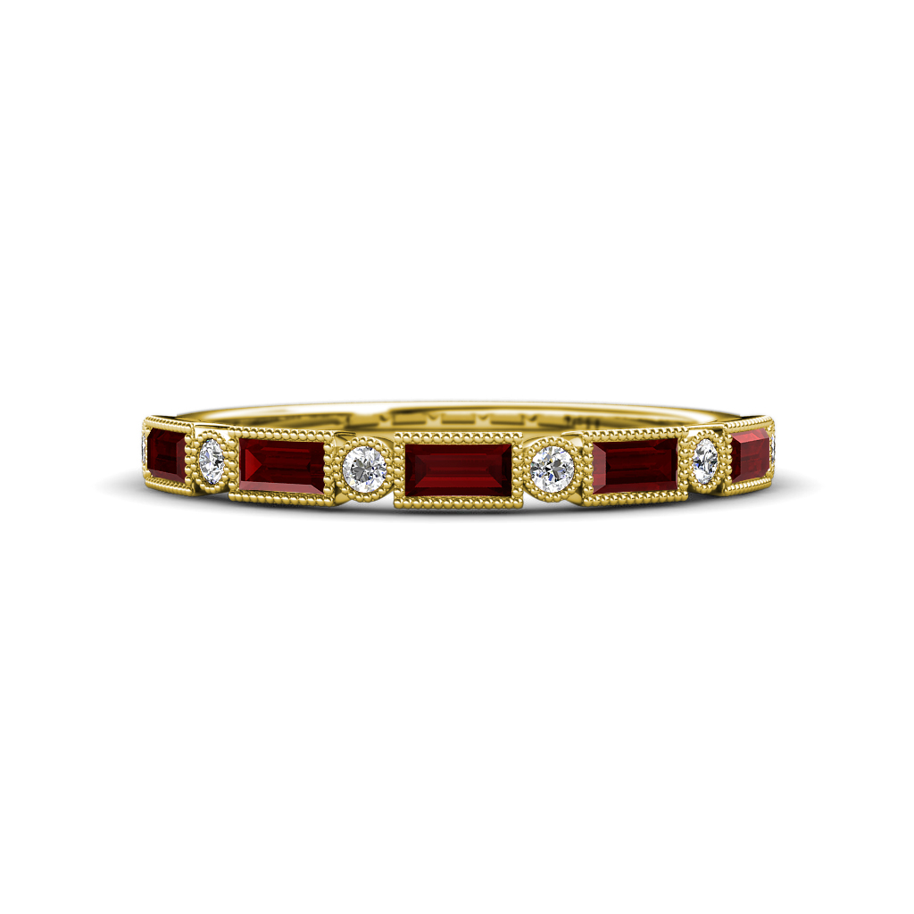 Kelli 1.02 ctw Baguette Shape Red Garnet and Round Natural Diamond Milgrain Wedding Band 