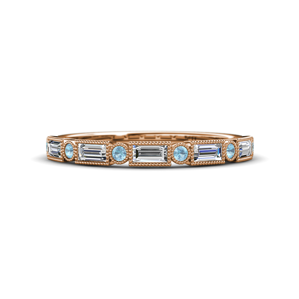 0.65 ctw Baguette Diamond and Round Aquamarine Milgrain Wedding Band 