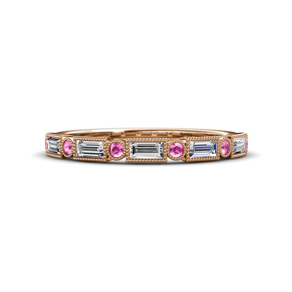 0.68 ctw Baguette Diamond and Round Pink Sapphire Milgrain Wedding Band 