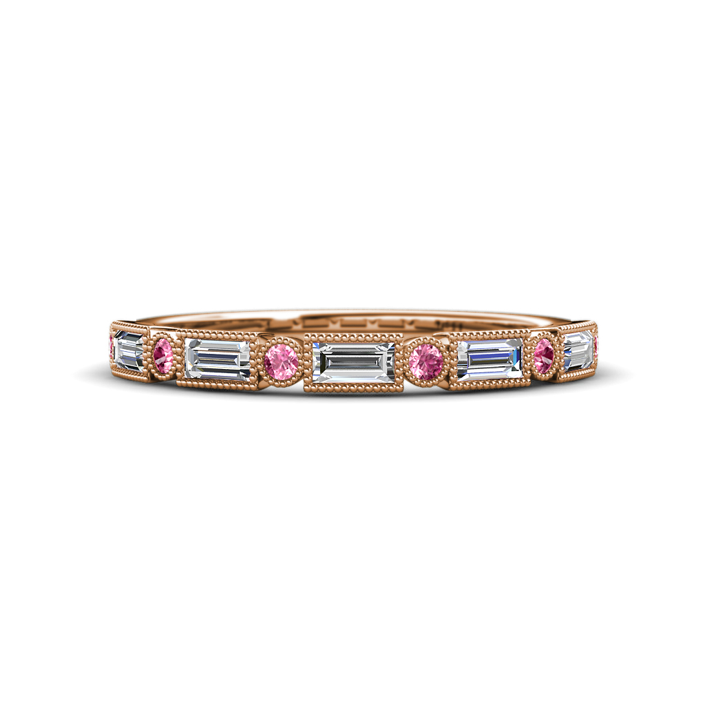 0.73 ctw Baguette Diamond and Round Pink Tourmaline Milgrain Wedding Band 