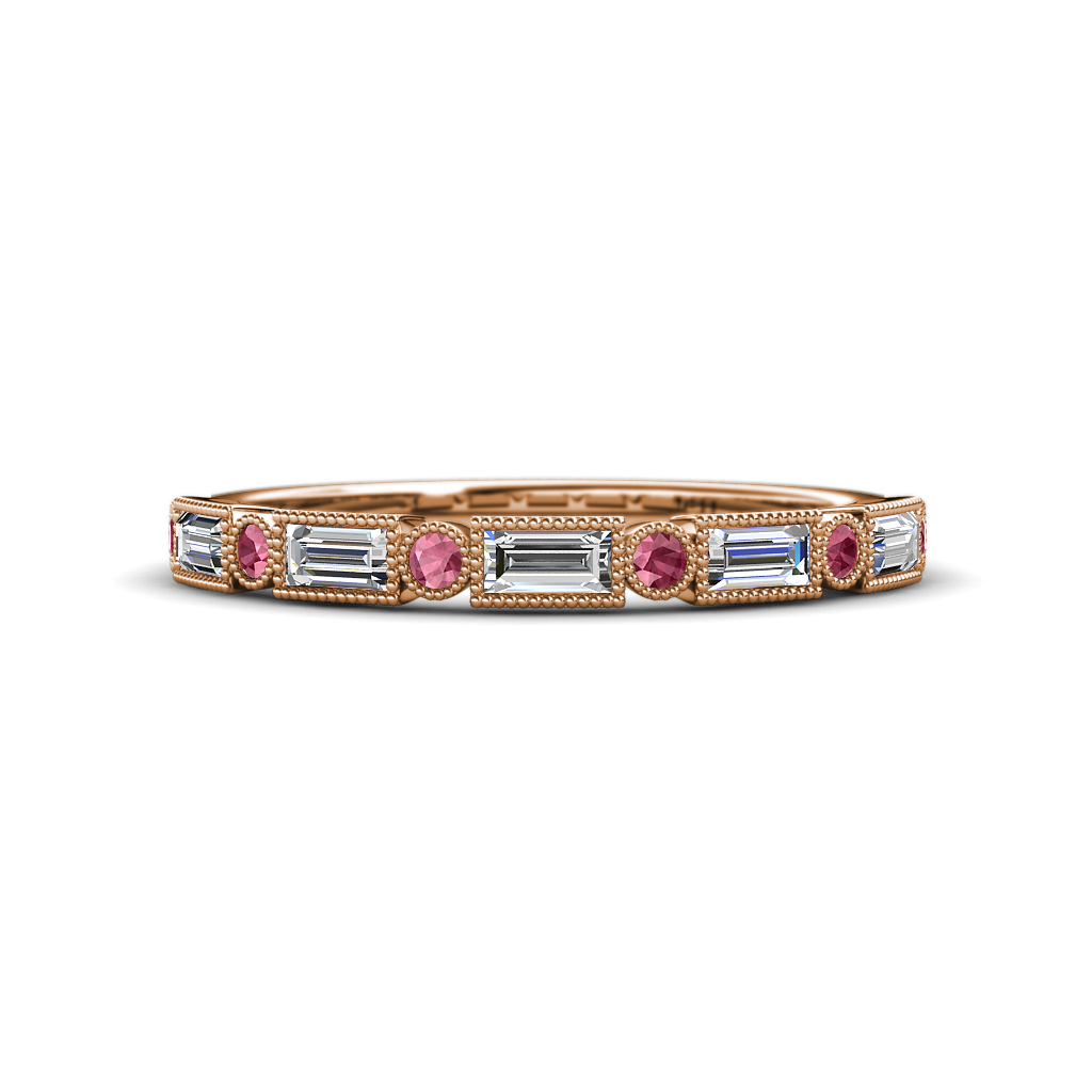 0.68 ctw Baguette Diamond and Round Rhodolite Garnet Milgrain Wedding Band 