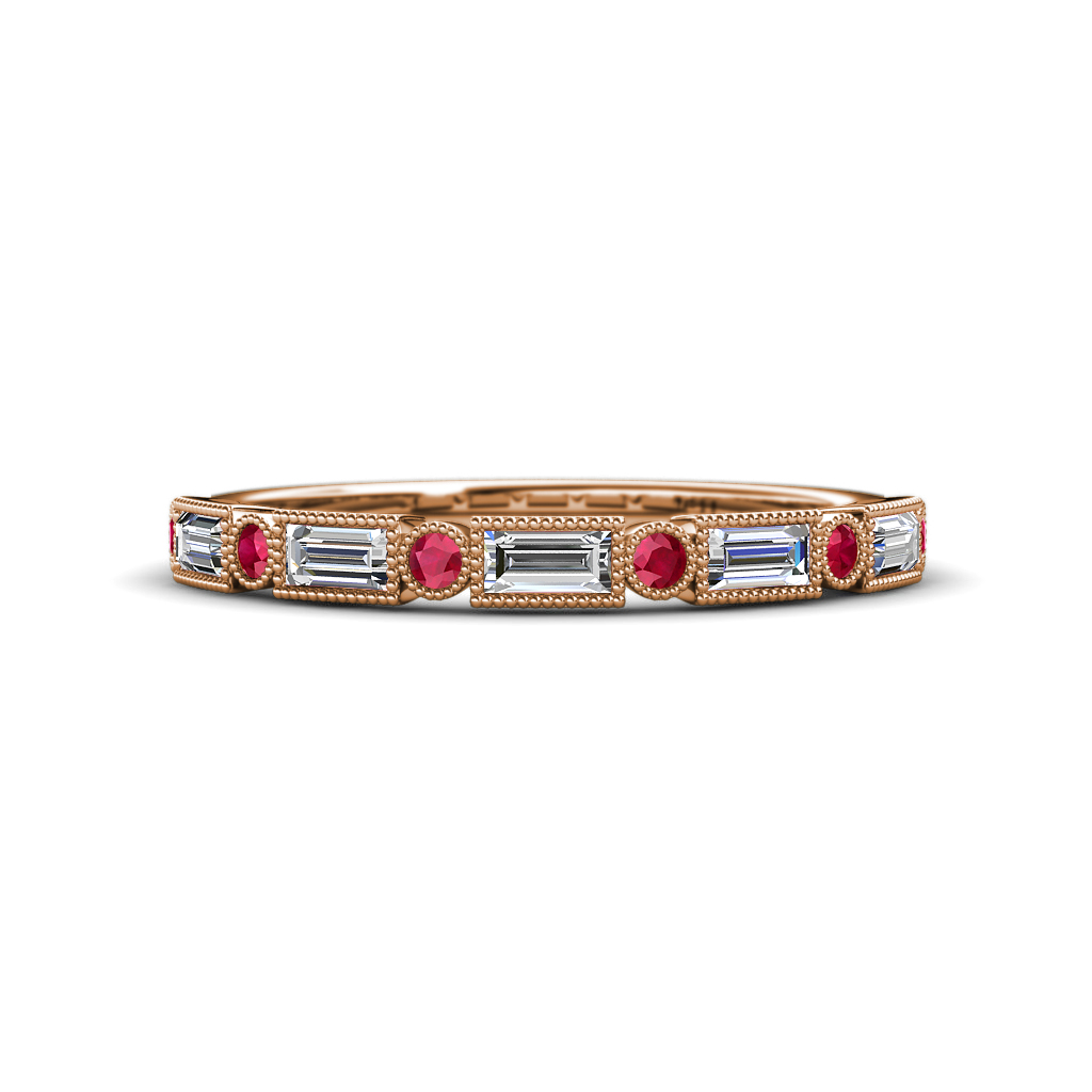 0.68 ctw Baguette Diamond and Round Ruby Milgrain Wedding Band 