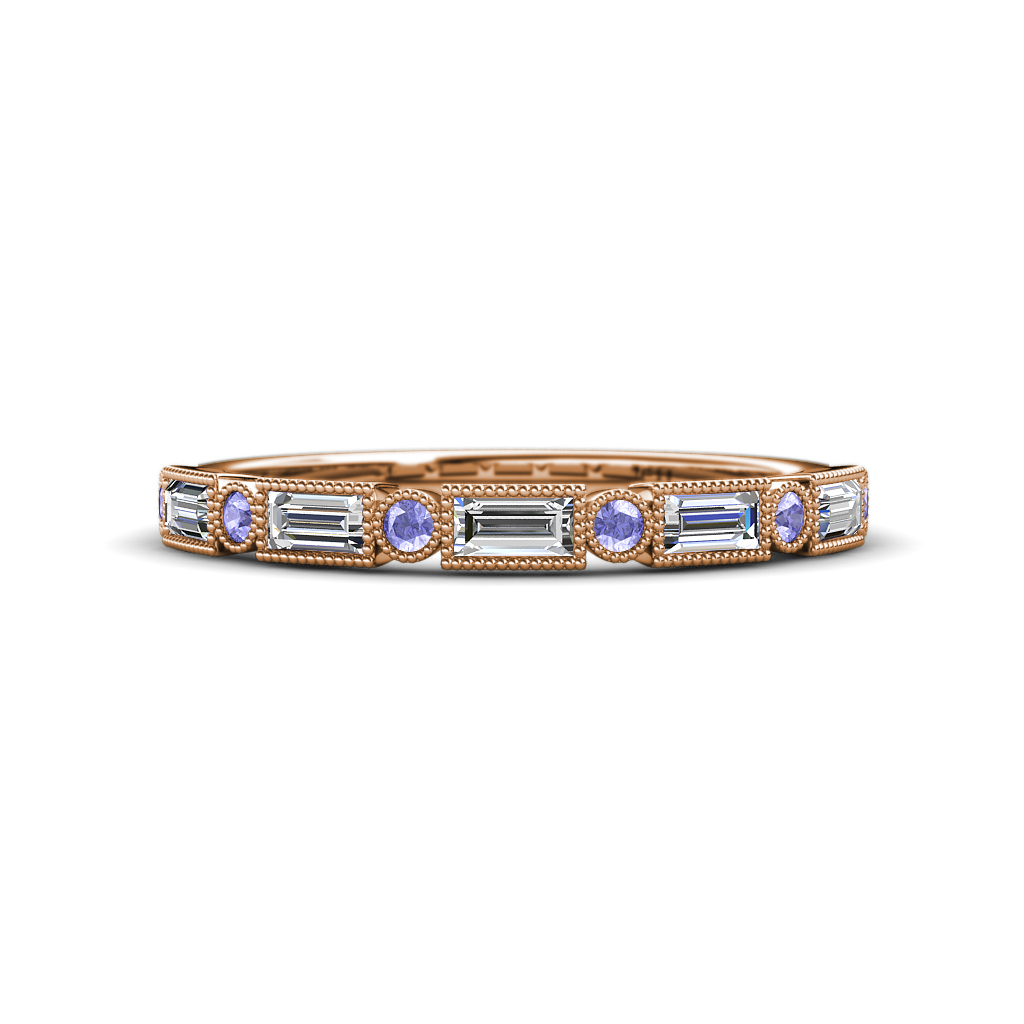 0.67 ctw Baguette Diamond and Round Tanzanite Milgrain Wedding Band 