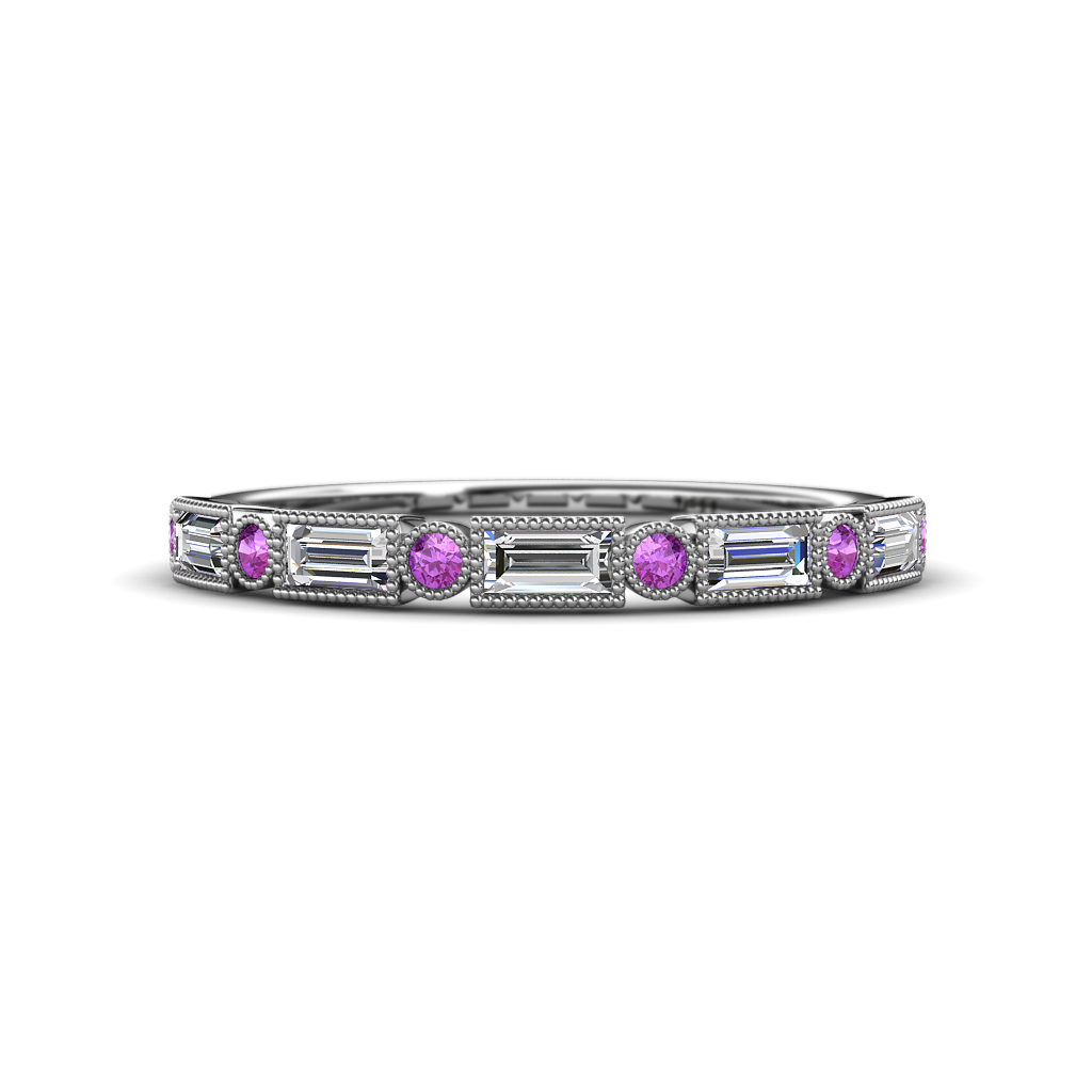 0.65 ctw Baguette Diamond and Round Amethyst Milgrain Wedding Band 
