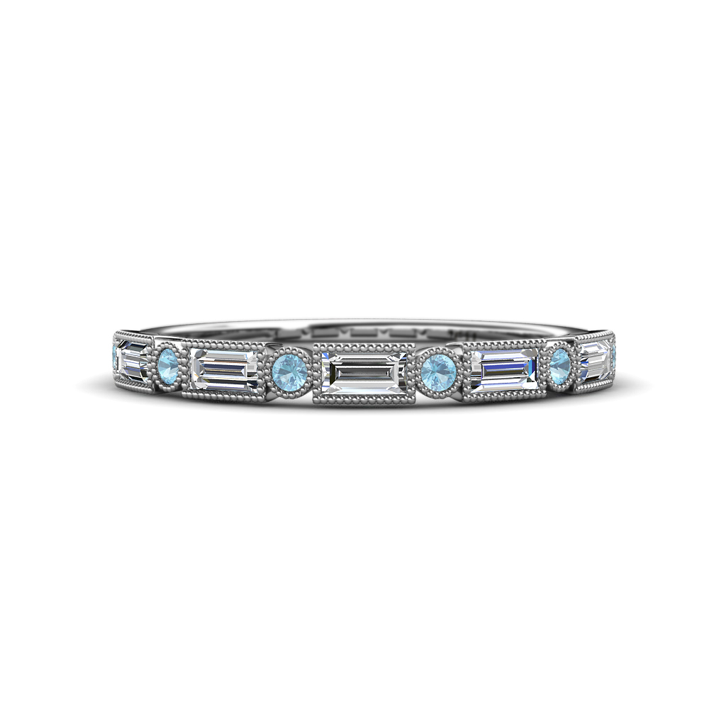 0.65 ctw Baguette Diamond and Round Aquamarine Milgrain Wedding Band 