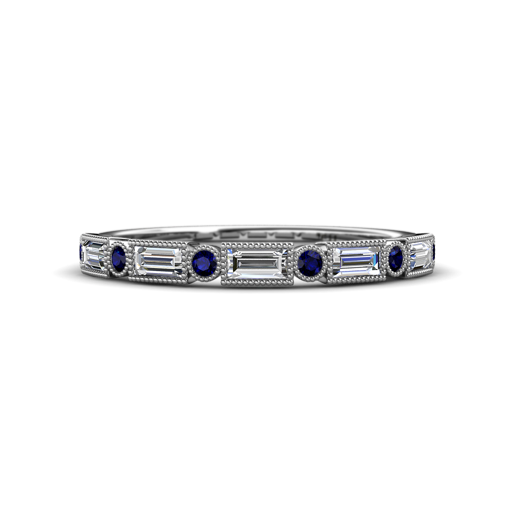 0.68 ctw Baguette Diamond and Round Blue Sapphire Milgrain Wedding Band 