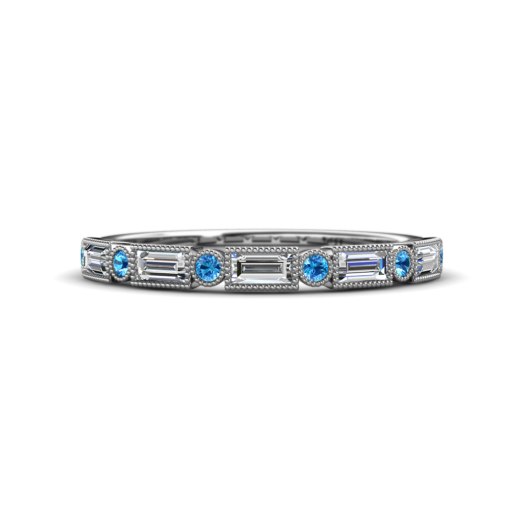0.65 ctw Baguette Diamond and Round Blue Topaz Milgrain Wedding Band 