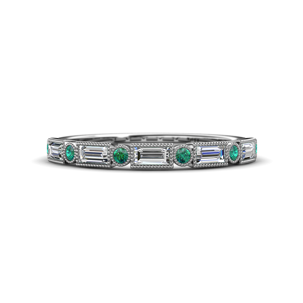 0.65 ctw Baguette Diamond and Round Emerald Milgrain Wedding Band 