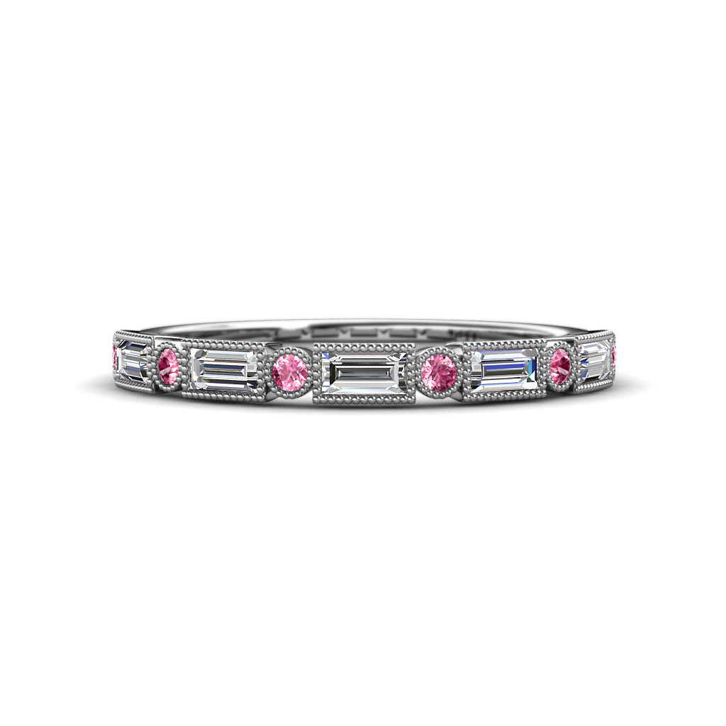 0.73 ctw Baguette Diamond and Round Pink Tourmaline Milgrain Wedding Band 