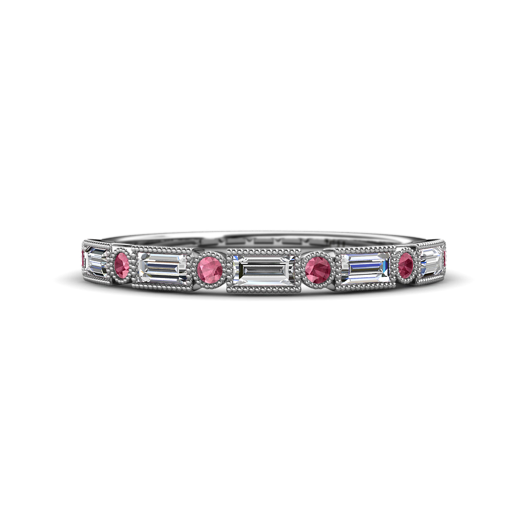 0.68 ctw Baguette Diamond and Round Rhodolite Garnet Milgrain Wedding Band 