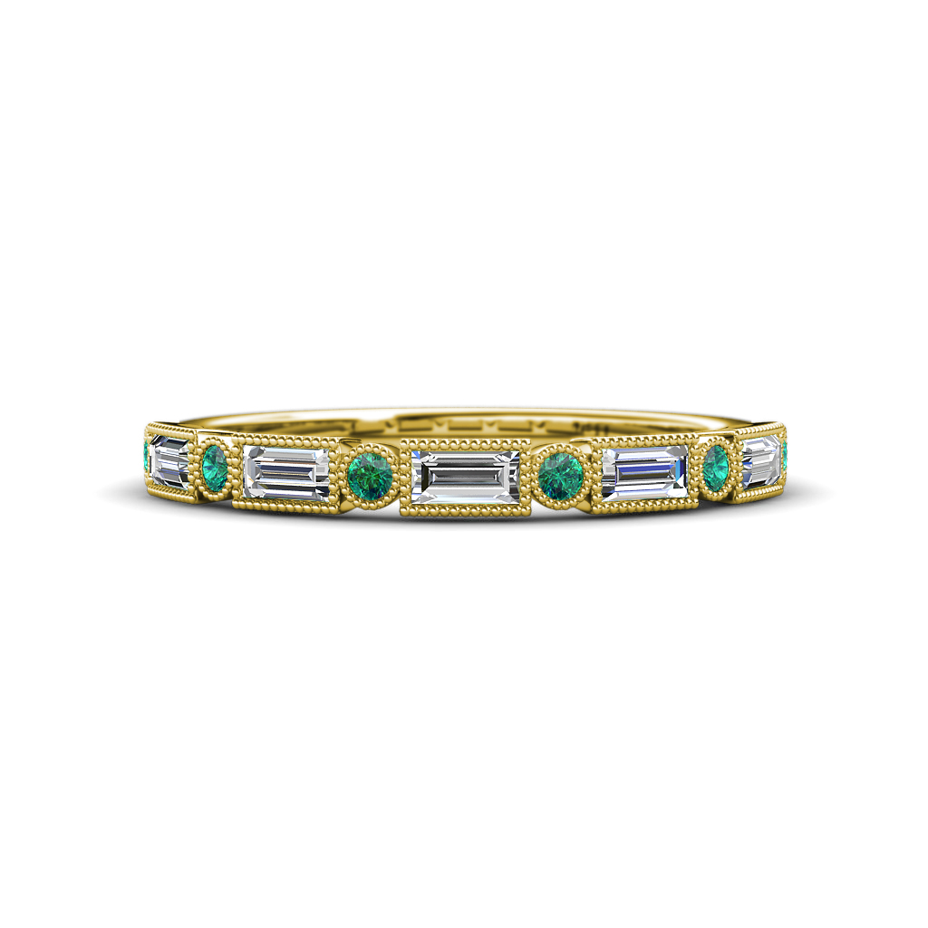 0.65 ctw Baguette Diamond and Round Emerald Milgrain Wedding Band 