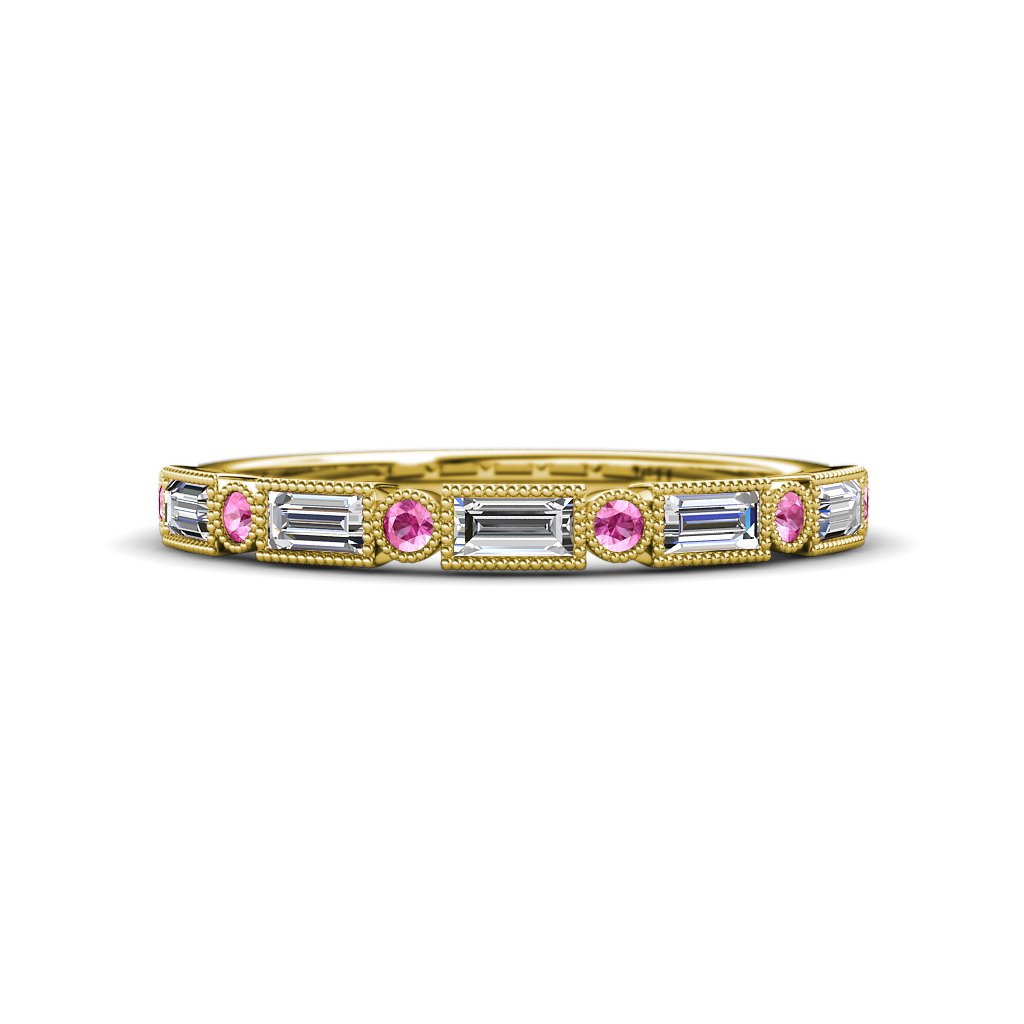 0.68 ctw Baguette Diamond and Round Pink Sapphire Milgrain Wedding Band 